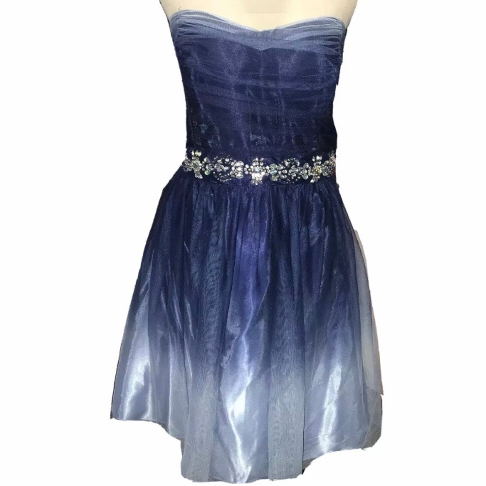 B. Smart Chiffon Dress Ombré Blue Rhinestone Embellished Waist Strapless Size 16